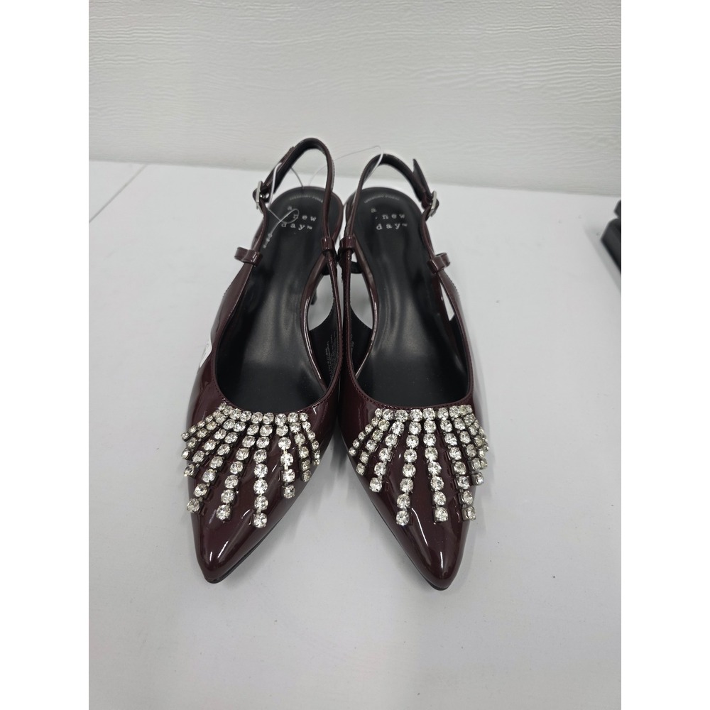 A New Day Burgundy Patent Rhinestone Fringe Slingback Kitten Heel Pumps Size 6